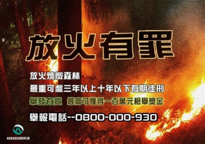 任意放火燒毁森林之罰則以及檢舉獎金。